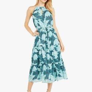 NWT Parker 100% Silk Teal Leaf Print Halter Midi Dress - Large